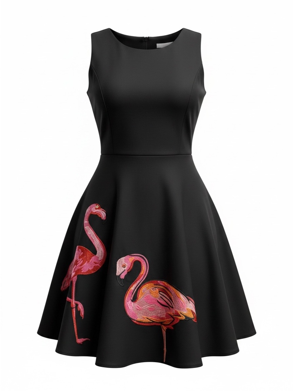 Black Sleeveless Fit & Flare Midi Dress with Pink Flamingo Embroidery